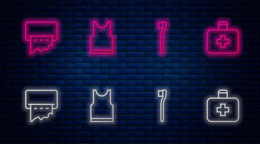 Sıraya dizilmiş kolsuz tişört, diş fırçası, kağıt havlu makinesi ve ilk yardım çantası. Tuğla duvarda parlayan neon simgesi. Vektör.