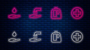 İpi dizin, sabunla el yıkama, temizlik malzemesi için şişe yıkama, ve Cross hastanesi sağlık sigortası. Tuğla duvarda parlayan neon simgesi. Vektör.