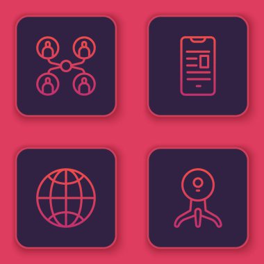 Çevrimiçi sınıf, sosyal ağ, cep telefonu ve web kamerası ile ilgili kitap ayarla. Mavi kare düğme. Vektör.