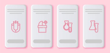 Çizgi mıknatısı, astronomik gözlemevi, test tüpü ve matara ve... Beyaz dikdörtgen düğme. Vektör.