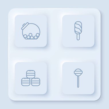 İçinde şeker olan cam kavanoz, dondurma, kurabiye ve lolipop hazırla. Beyaz kare düğme. Vektör.