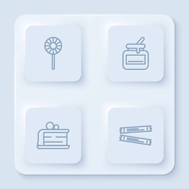 Hattı belirle, lolipop, bal kavanozu, kek ve şeker paketleri. Beyaz kare düğme. Vektör.