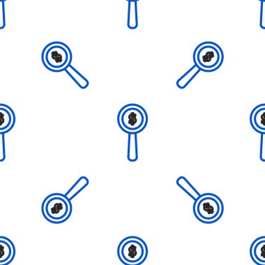 Çizgi büyüteç ve dolar sembolü beyaz arka planda izole edilmiş kusursuz desen. Para bul. Para arıyorum. Renkli taslak konsepti. Vektör.