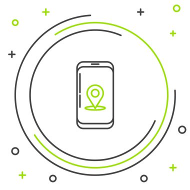 Şehir haritası gezinme simgesinin çizgi bilgileri beyaz arkaplanda izole edildi. Mobil Uygulama Arayüzü tasarımı. Coğrafi konsept. Renkli taslak konsepti. Vektör.