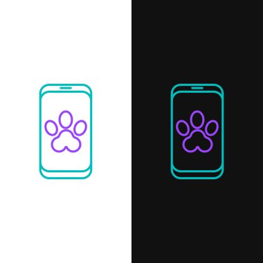 Online veterinerlik kliniği sembolü beyaz ve siyah arkaplanda izole edilmiş. Köpek veterinerliği ile karşılaştır. Evcil hayvan ilk yardım işareti. Renkli taslak konsepti. Vektör.