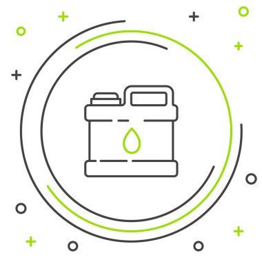 Beyaz arka planda izole edilmiş motor makine yağı ikonu için çizgi plastik kutu. Benzin bidonu. Yağ değiştirme ve onarım servisi. Renkli taslak konsepti. Vektör.