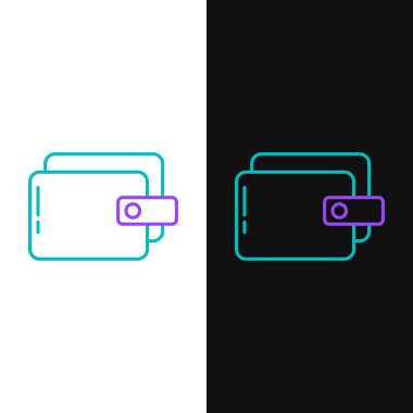 Çizgi cüzdan simgesi beyaz ve siyah arkaplanda izole edildi. Çanta ikonu. Nakit tasarruf sembolü. Renkli taslak konsepti. Vektör.