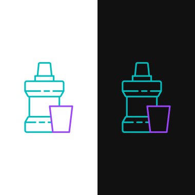 Ağız gargarası plastik şişe ve siyah arkaplanda izole edilmiş cam ikon. Ağzını çalkalamak için sıvı. Ağız bakım ekipmanları. Renkli taslak konsepti. Vektör.