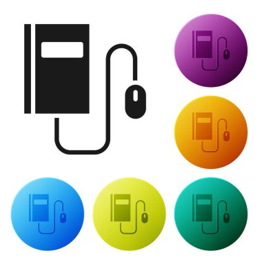 Beyaz zemin üzerinde fare simgesi olan siyah elektronik kitap. Çevrimiçi eğitim kavramı. E-kitap rozet ikonu. Simgeleri renk daire düğmelerine ayarla. Vektör İllüstrasyonu.