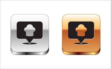 Siyah aşçı şapkası beyaz arka planda izole edilmiş konum simgesine sahip. Aşçılık sembolü. Aşçı şapkası. Gümüş-altın kare düğme. Vektör.