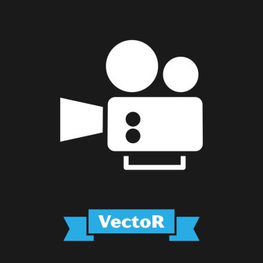 Beyaz Sinema kamera simgesi siyah arkaplanda izole edildi. Video kamera. Film tabelası. Film projektörü. Vektör.