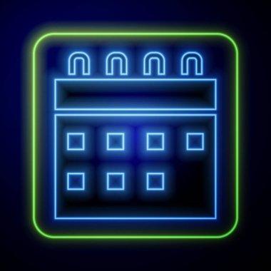 Parlayan neon takvim simgesi mavi arkaplanda izole edildi. Olay hatırlatma sembolü. Vektör.