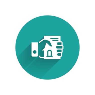 Beyaz Ölüm sertifikası uzun gölgeli izole edilmiş bir ikon. Yeşil daire düğmesi. Vektör.