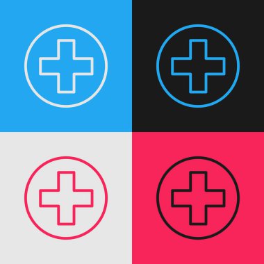 Pop Art Line Cross hastanesi tıbbi ikonu renk arkaplanında izole edilmiş. İlk yardım. Teşhis sembolü. İlaç ve eczane işareti. Vektör İllüstrasyonu.