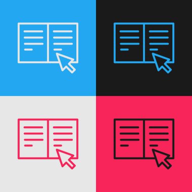 Pop Art Line Online kitap simgesi renk arkaplanında izole edildi. İnternet eğitimi konsepti, e-öğrenme kaynakları, uzak online kurslar. Vektör İllüstrasyonu.