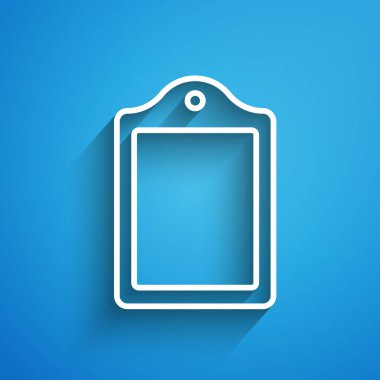 Beyaz çizgi kesme tahtası simgesi mavi arkaplanda izole edildi. Kesme tahtası sembolü. Uzun gölge. Vektör.