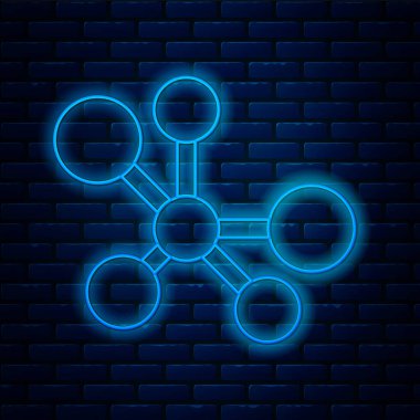 Parlayan neon hattı molekül simgesi tuğla duvar arka planında izole edildi. Kimya moleküllerinin yapısı, fen öğretmenlerinin yenilikçi eğitim posteri. Vektör.