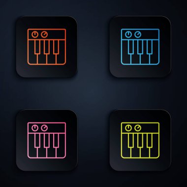Renk neon çizgisi Müzik sentezleyici simgesi siyah arkaplanda izole edildi. Elektronik piyano. Kare düğmelere simgeleri yerleştir. Vektör.