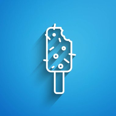 Beyaz çizgi dondurma ikonu mavi arkaplanda izole edilmiş. Güzel sembol. Uzun gölge. Vektör.