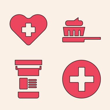 Cross hastanesi sağlık ekibi, haçlı kalp, diş fırçası diş macunu ve ilaç şişesi ikonu. Vektör.