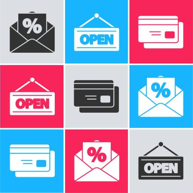 Zarfı faiz indirimi ile ayarla, Açık ve Kredi Kartı simgesiyle imzala. Vektör.