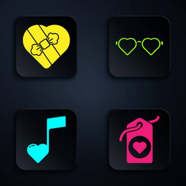 Set Heart etiketi, kalp şeklinde kutu şekeri, nota, kalp şeklinde tonu ve aşk gözlükleri. Siyah kare düğme. Vektör.