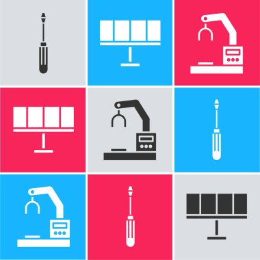 Tornavida, güneş enerjisi paneli ve robot kol fabrikası ikonu ayarla. Vektör.