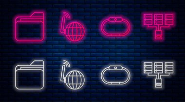 Satır sosyal ağını, Smartwatch, Belge dizini ve Sunucu, Data, Web Sunuculuğunu ayarla. Tuğla duvarda parlayan neon simgesi. Vektör.