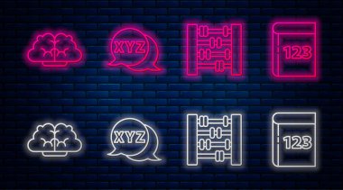 Satır Hesap Makinesi, Grafik, Çizelge, Çizelge, Çizelge, Çizelge, Çizelge, Çizelge, Çizelge, Diyagram ve Test veya Sınav Kağıdı ve Kalem. Tuğla duvarda parlayan neon simgesi. Vektör.