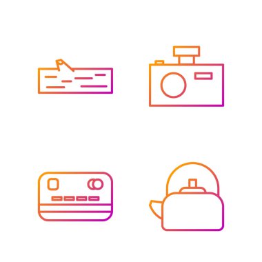 Çizgi Kettle 'ı kulplu, kredi kartı, tahta kütük ve fotoğraf makinesi ile ayarla. Renk simgeleri. Vektör.