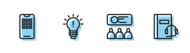 Satır Eğitimi, Sunum, Cep Telefonu, Fikir ve Ses kitabı ikonu konsepti olan ampul. Vektör.