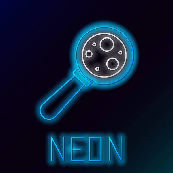 Zářící Neonová Čára Mikroorganismy Pod Ikonou Lupy Izolované Černém Pozadí — Stockový vektor