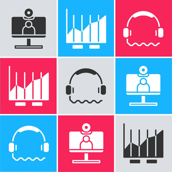 Set Video chat conference, Pie chart infographic and Headphones icon. Vector.