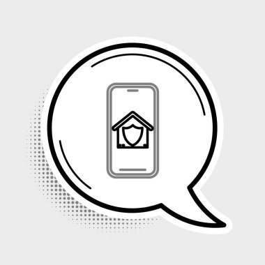 Gri arka planda izole edilmiş korunan bir evi olan cep telefonu. Koruma, güvenlik, güvenlik, koruma, savunma konsepti. Renkli taslak konsepti. Vektör.