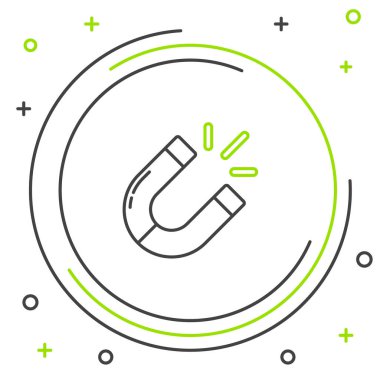 Beyaz arkaplanda çizgi mıknatısı simgesi izole edildi. At nalı mıknatısı, manyetizma, manyetizma, çekim. Renkli taslak konsepti. Vektör.