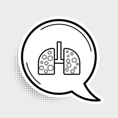 Akciğer simgesindeki çizgi virüs hücreleri gri arkaplanda izole edilmiş. Enfeksiyon kapmış ciğerler. Coronavirus, COVID-19. 2019-NCoV. Renkli taslak konsepti. Vektör.