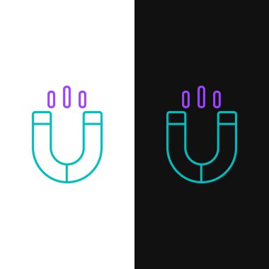 Beyaz ve siyah arkaplanda çizgi mıknatısı simgesi izole edildi. At nalı mıknatısı, manyetizma, manyetizma, çekim. Renkli taslak konsepti. Vektör.