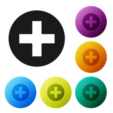 Siyah Haç Hastanesi tıbbi ikonu beyaz arka planda izole edilmiş. İlk yardım. Teşhis sembolü. İlaç ve eczane işareti. Simgeleri renk daire düğmelerine ayarla. Vektör İllüstrasyonu.