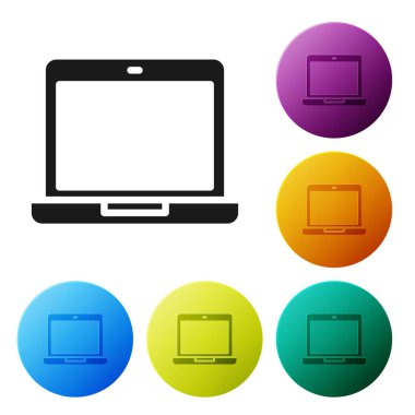 Beyaz arkaplanda siyah dizüstü bilgisayar simgesi izole edildi. Boş ekran işaretli bilgisayar defteri. Simgeleri renk daire düğmelerine ayarla. Vektör İllüstrasyonu.