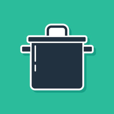 Yeşil arka planda mavi tencere simgesi izole edildi. Haşlama ya da güveç besin sembolü. Vektör.