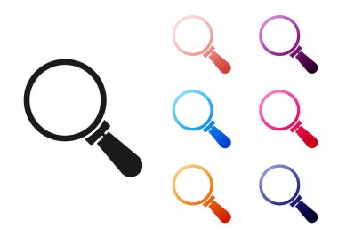 Beyaz arka planda siyah büyüteç simgesi izole edildi. Arama, odaklanma, yakınlaştırma, iş sembolü. Simgeleri renklendirin. Vektör.