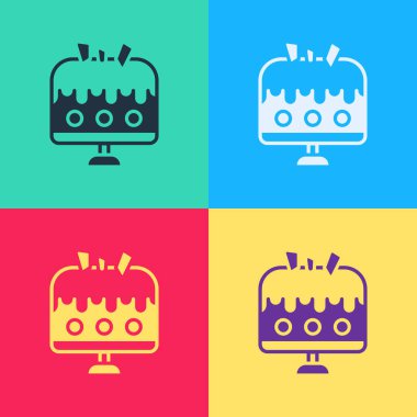 Tabak simgesindeki Pop Art Cake renkli arka planda izole edilmiş. Doğum günün kutlu olsun. Vektör.