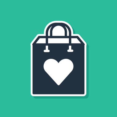 Yeşil arka planda kalp ikonu olan mavi alışveriş torbası. Alışveriş torbası sevgisi kalp ikonu gibidir. Sevgililer Günü sembolü. Vektör.