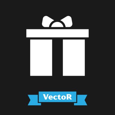 Beyaz hediye kutusu simgesi siyah arkaplanda izole edildi. Doğum günün kutlu olsun. Vektör.