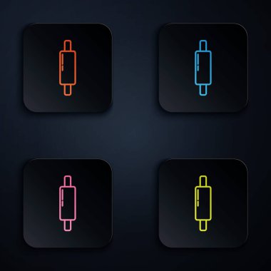 Renkli neon çizgisi Rolling Pin simgesi siyah arkaplanda izole edildi. Kare düğmelere simgeleri yerleştir. Vektör.