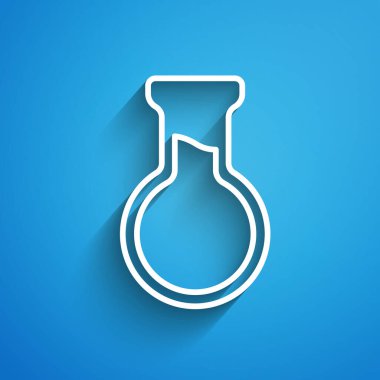 Mavi arka planda beyaz çizgi test tüpü ve matara simgesi izole edildi. Kimyasal laboratuvar testi. Laboratuvar camları. Uzun gölge. Vektör.