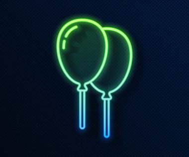 Mavi arka planda izole edilmiş kurdele ikonu olan parlak neon çizgili balonlar. Mutlu Paskalyalar. Vektör.