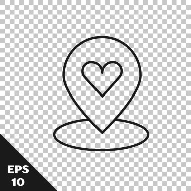 Şeffaf arkaplanda kalp simgesi olan siyah çizgi haritası işaretçisi. Sevgililer Günü. Aşk yeri. Romantik harita iğnesi. Vektör.