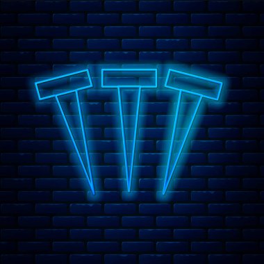 Parlak neon çizgili metal çivi simgesi tuğla duvar arka planında izole edilmiş. Vektör.