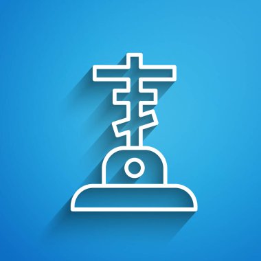 Mavi arka planda çapraz simgesi olan beyaz çizgi Grave. Uzun gölge. Vektör.